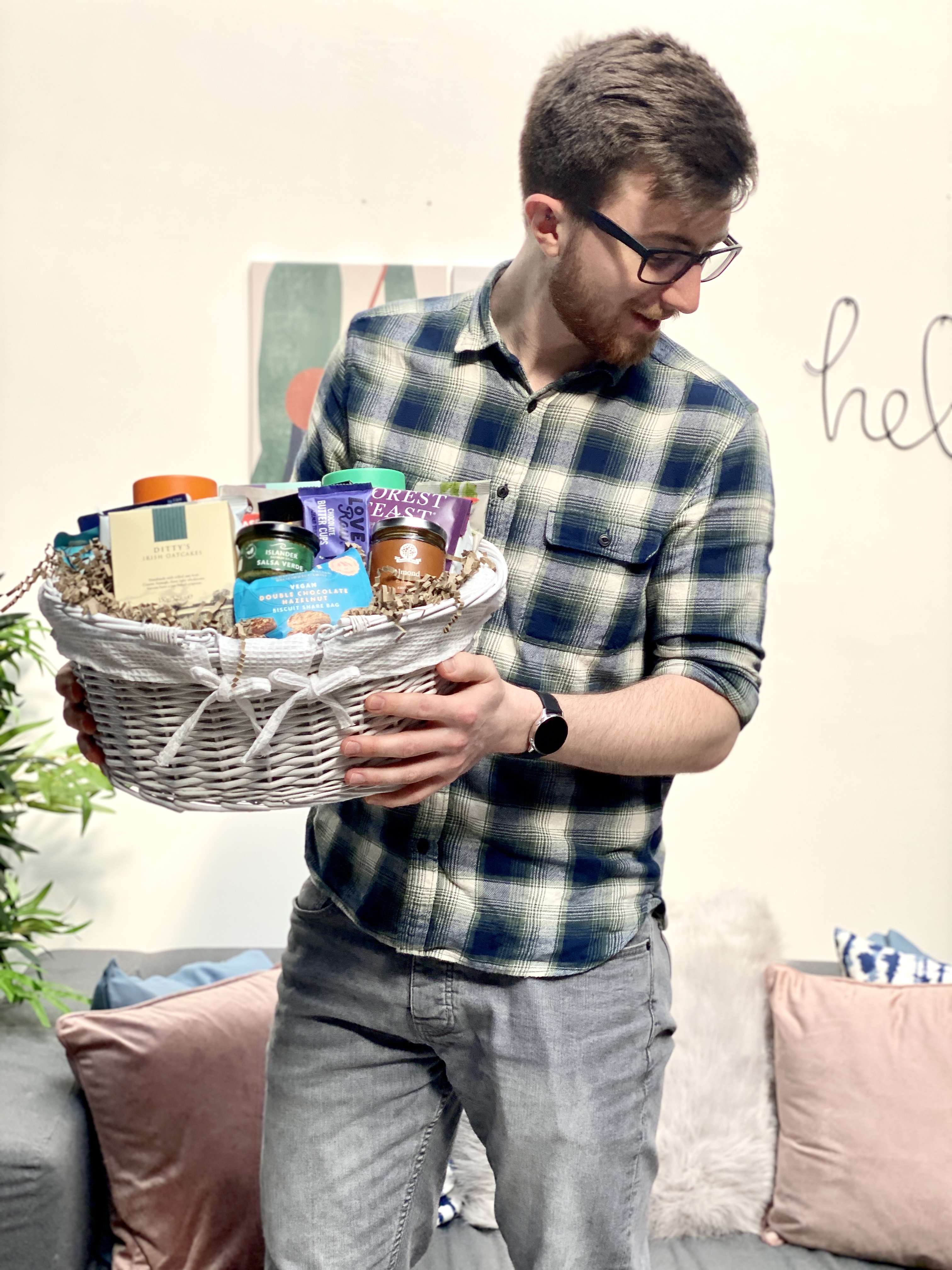 Holding a gift basket